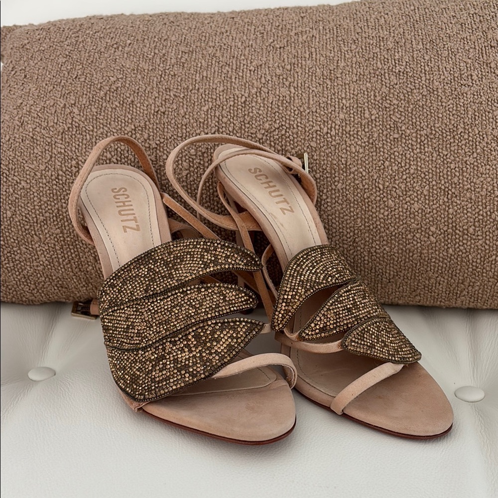 SCHUTZ Tan and Gold Sandals with Sparkly Straps
